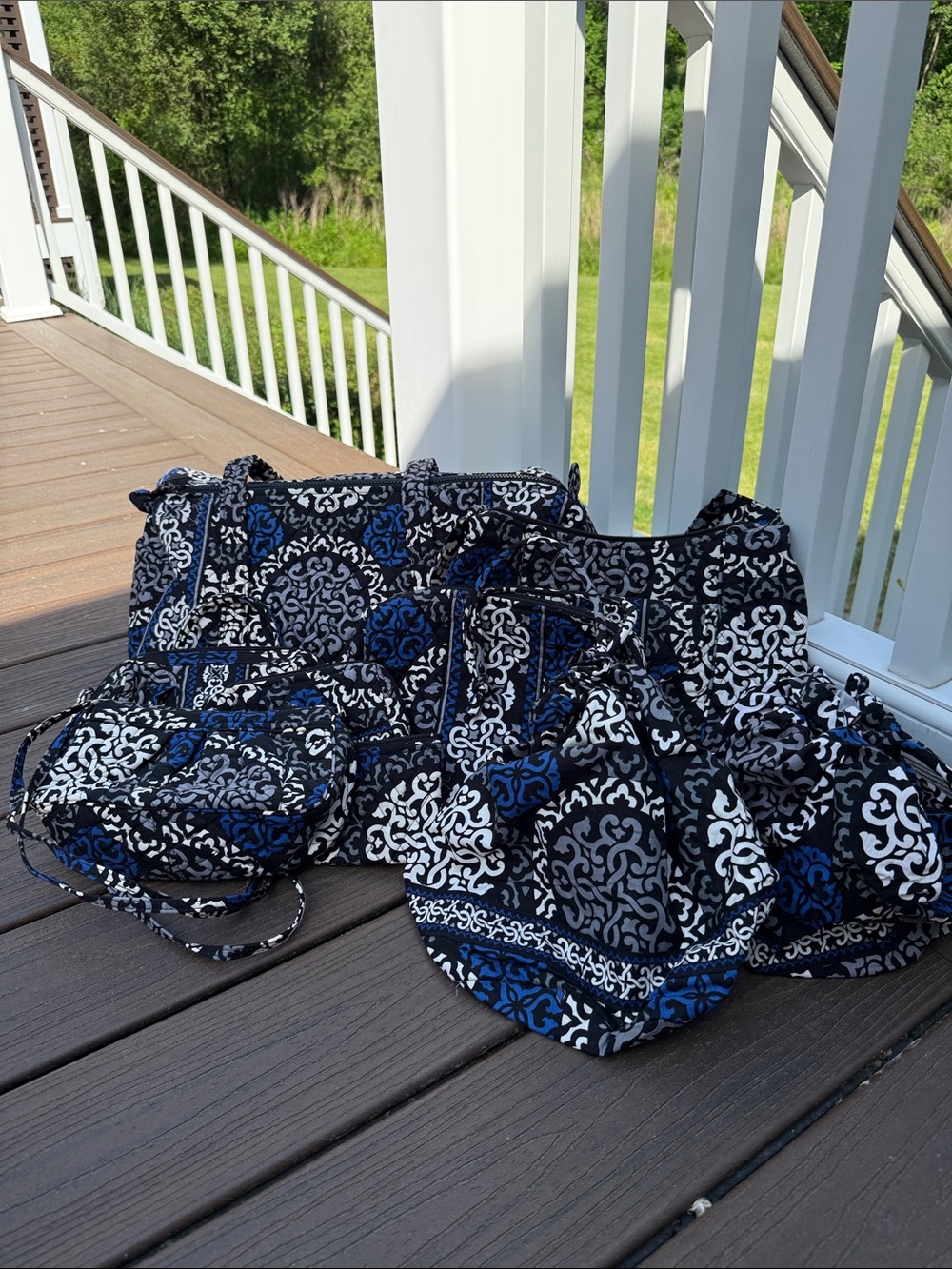 Vera Bradley “Canterbury Colbalt” Quilted Navy & White Patterned Tote Set 9 pcs